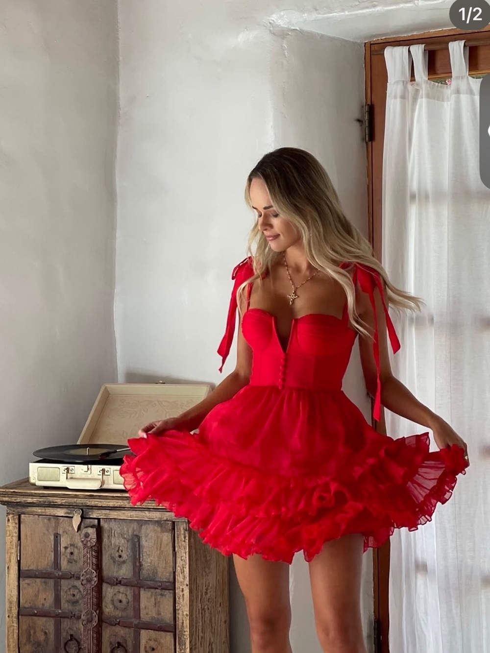 Adeirlina Red Ruffled Tie-Shoulder Party Dress